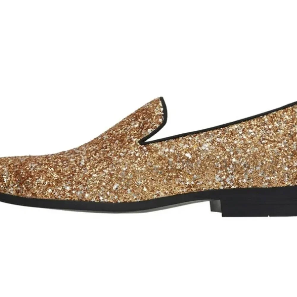 Santimon Men's US 9.5 - 12.5 Gold Sequins Glitter Smoking Loafers Dress Shoes  P